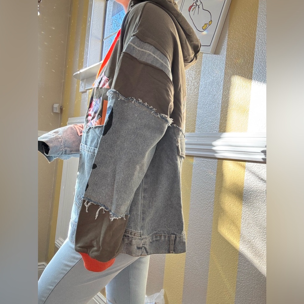 Graphic Patchwork Hoodie With Orange Accents - image 5